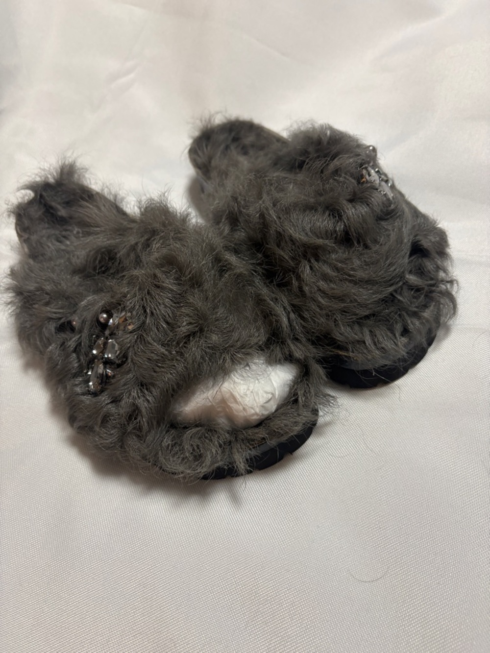 Women’s Gray Furry Slide Slippers with Bead Accent